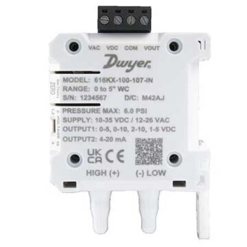 Dwyer Instruments 616KX-200-108-IN Differential pressure transmitter, 2% FSO, 0 to 10" w.c., Unidirectional