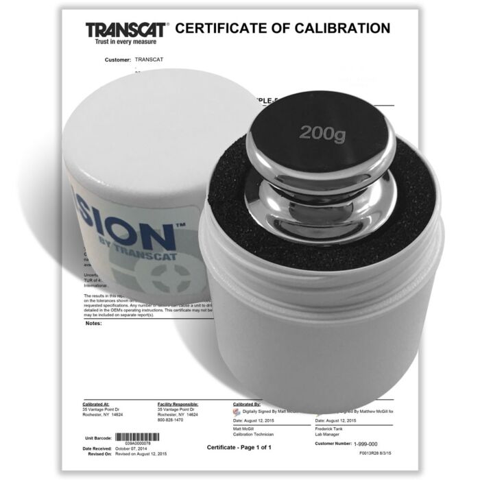 PROCISION 200g Weight, 316L SS, OIML F1 Accuracy +/- 1.0 mg, with Calibration Certificate