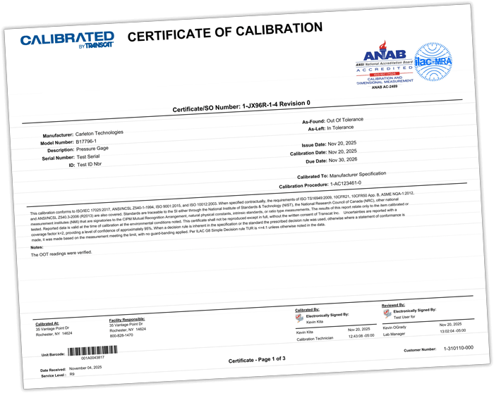 Transcat Certificate of calibration